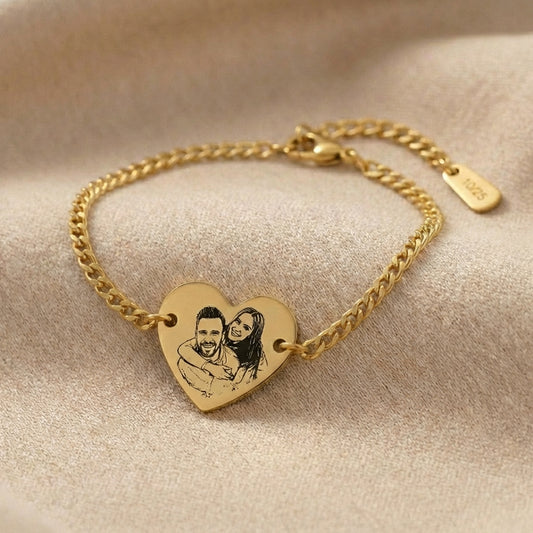 צמיד חריטה לב ,כסף מתנה יוקרתית לאישה עם התמונה שלכם - כסף