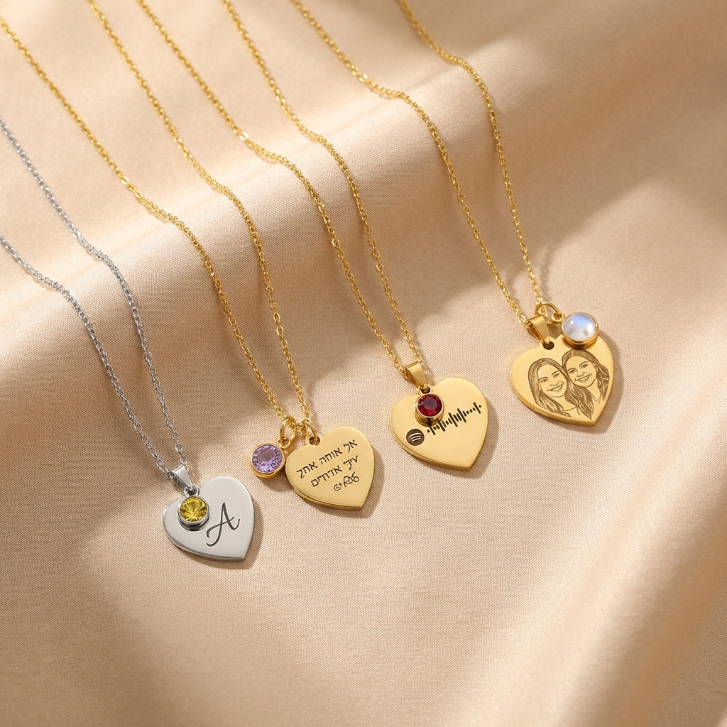 שרשרת לבבות עם חריטה אישית של תמונה