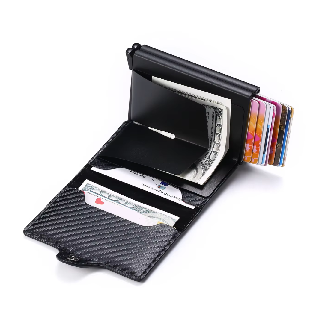 הגנת rfid ארנק אישי לגברים עם תמונה חרוטה ומשפט, מכיל עד 12 כרטיסים