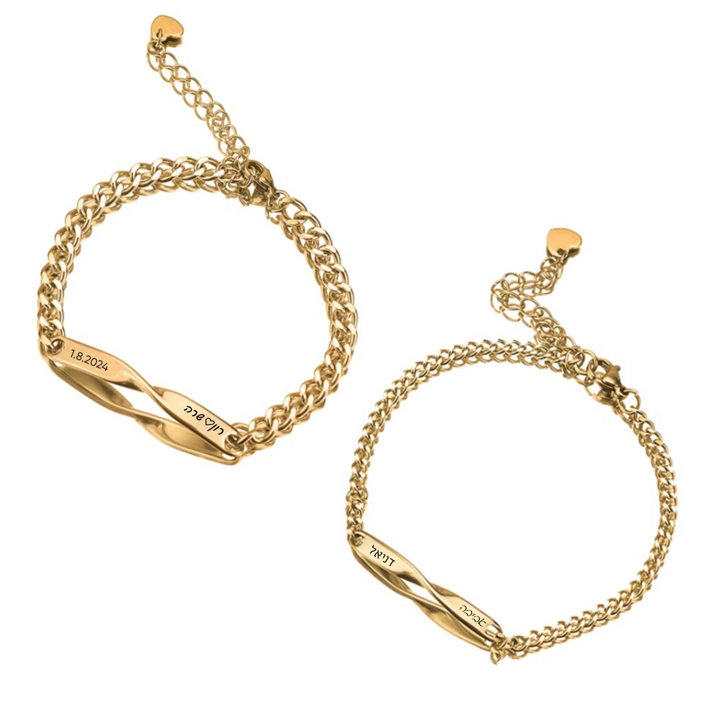 צמיד זוגי זהב עם טוויסט אהבה ועיצוב חריטה אישית