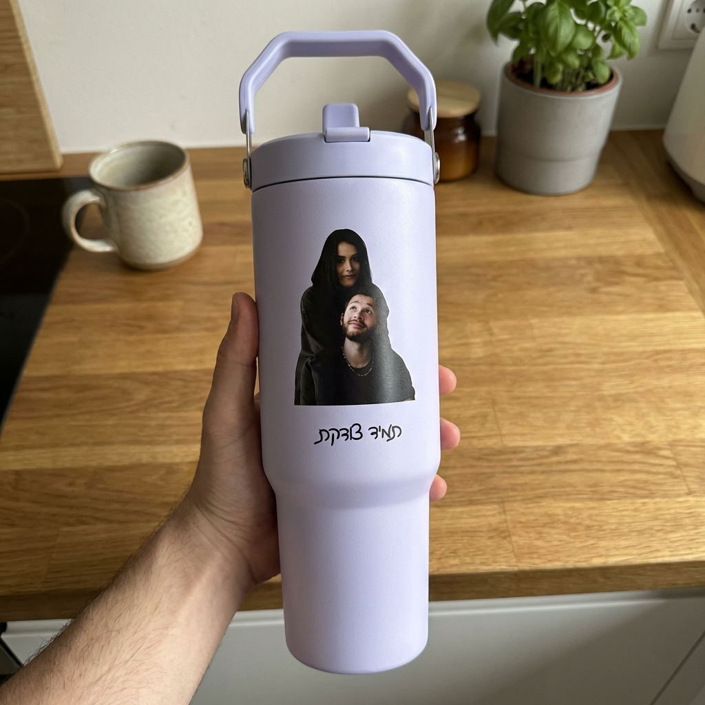 ספל תרמי מותאם אישית, בקבוק, כוס נסיעות, תרמוס עם ידית ומכסה, סטנלי, עם טקסט/שם ותמונה
