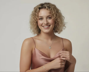 אישה מחייכת עם שמלה ורודה ושרשרת עם תליון כסוף בעיצוב מיוחד מתנות אישיות דרים גיפטס