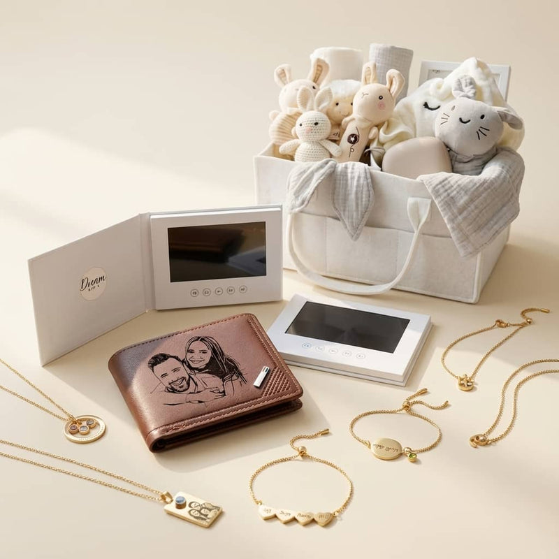 מתנות אישיות על שולחן לבן כולל תמונות במזכרת, פאזל לב אהבה, ומוזיקה מותאמת אישית