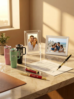 איש מחלק מתנה מעוטרת בסרט כחול למישהי מחייכת במשרד מודרני עם עמיתים ברקע