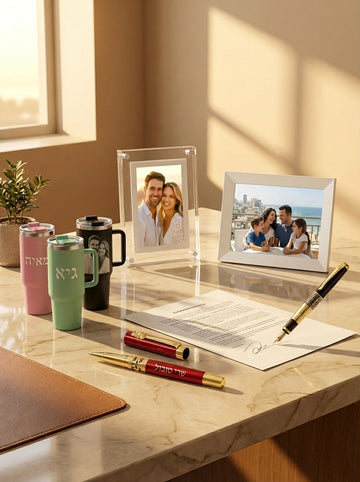 איש מחלק מתנה מעוטרת בסרט כחול למישהי מחייכת במשרד מודרני עם עמיתים ברקע