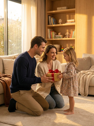 משפחה שמחה בסלון מודרני, הילדה מעבירה מתנה מקושטת עם סרט אדום לאבא כשאמא מחבקת אותו