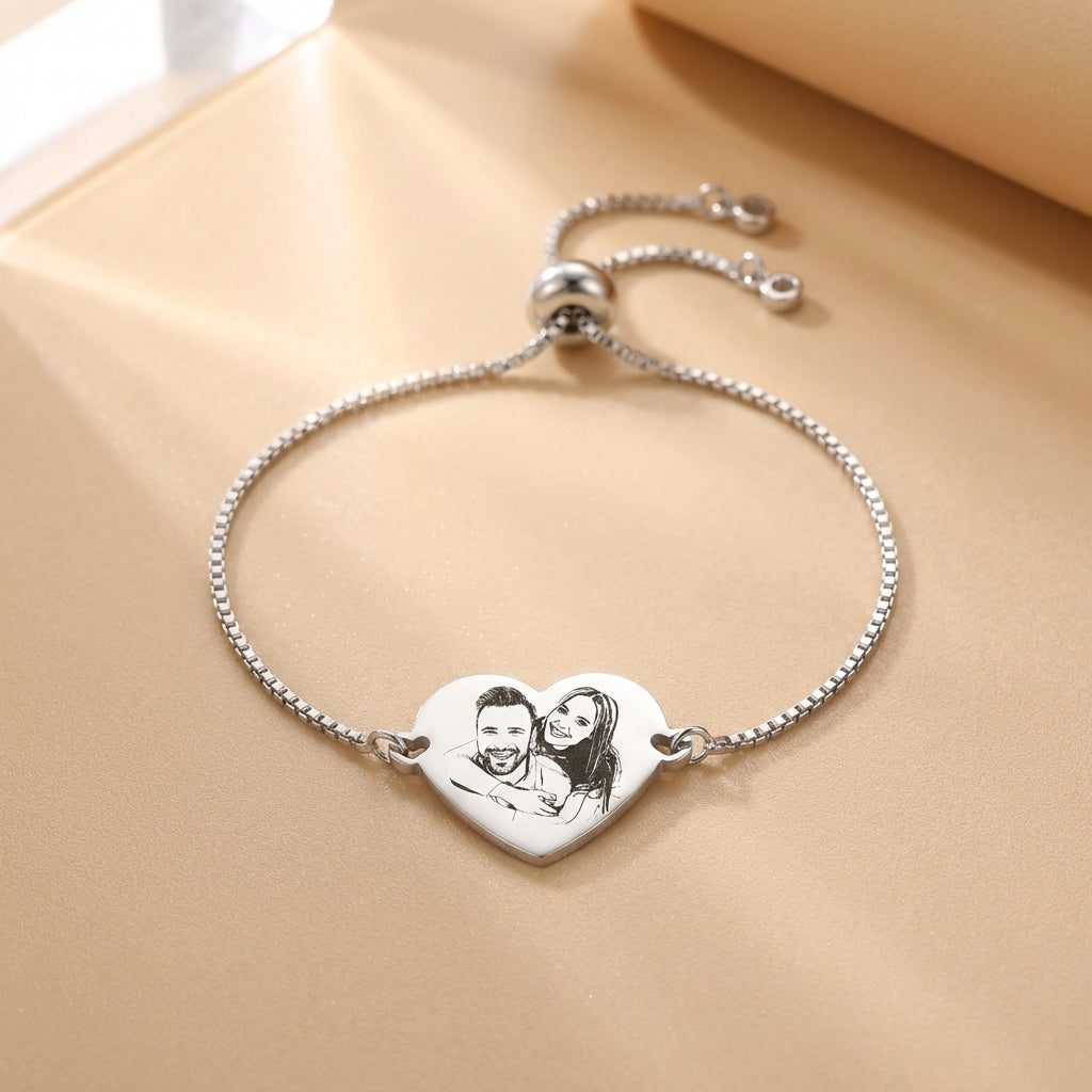צמיד לב לאישה, מתנה יוקרתית עם חריטת תמונה אישית