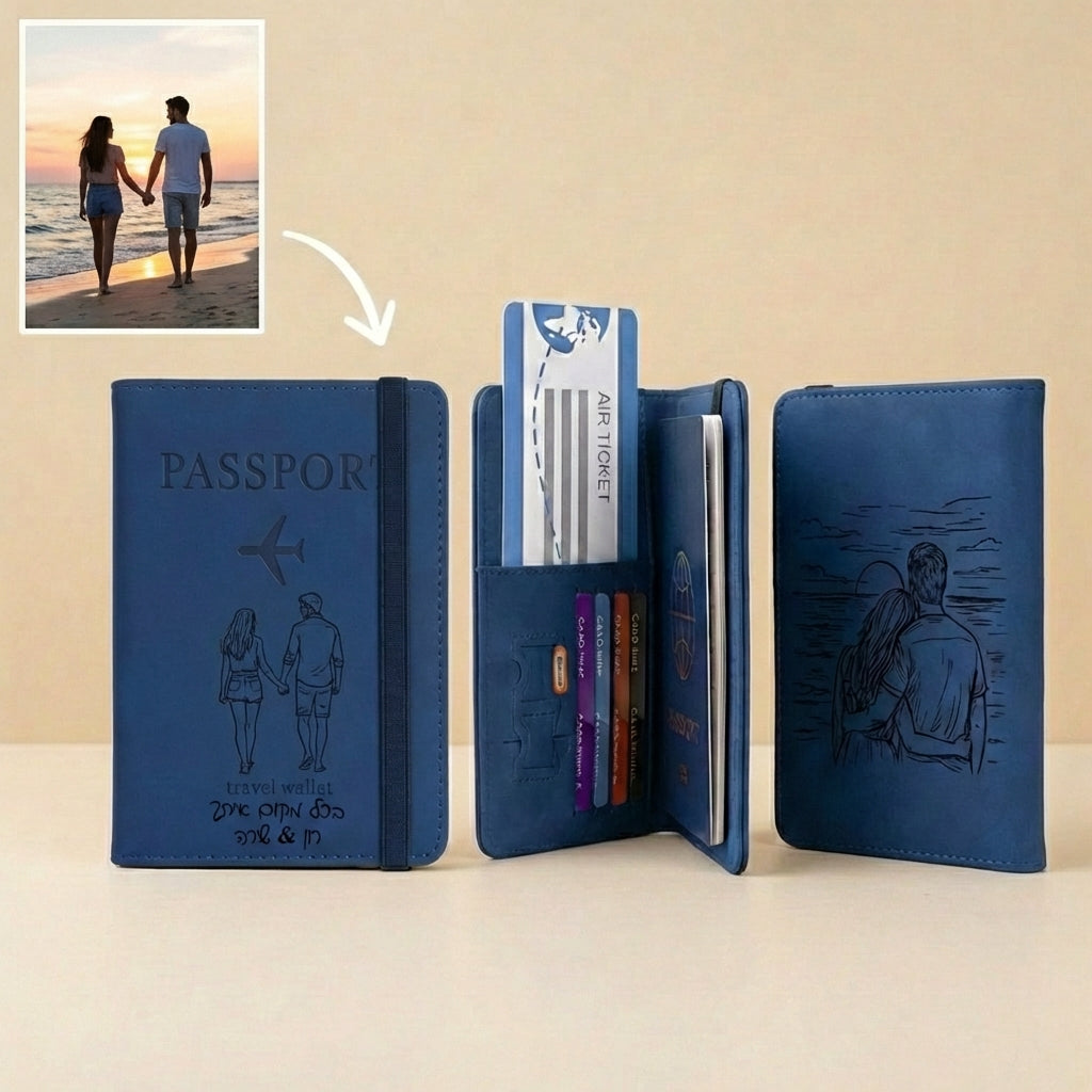 ארנק לדרכון, כיסוי דרכון, לנשים, לגברים עם הגנת rfid וחריטה בלייזר אישית עם תמונה, טקסט, תאריך