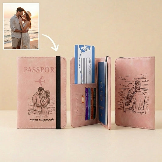 ארנק לדרכון, כיסוי דרכון, לנשים, לגברים עם הגנת rfid וחריטה בלייזר אישית עם תמונה, טקסט, תאריך