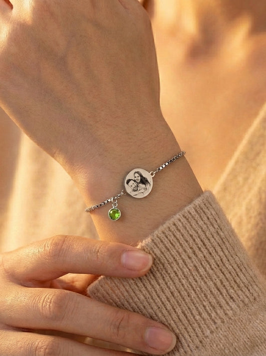 צמיד עיגול לנשים,  צמיד מתכוונן מתנה יוקרתית עם חריטת תמונה - כסף