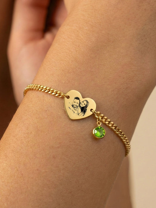 צמיד חריטה לב ,כסף מתנה יוקרתית לאישה עם התמונה שלכם - כסף