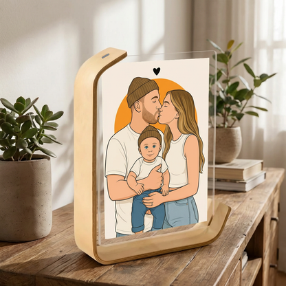 איור דיוקן מינימליסטי מתמונה עם הקדשה במעמד עץ לתמונה