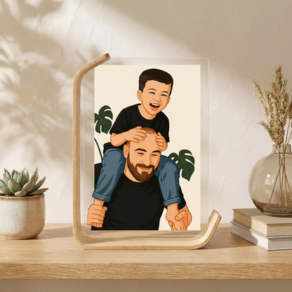 איור דיוקן מינימליסטי מתמונה עם הקדשה במעמד עץ לתמונה
