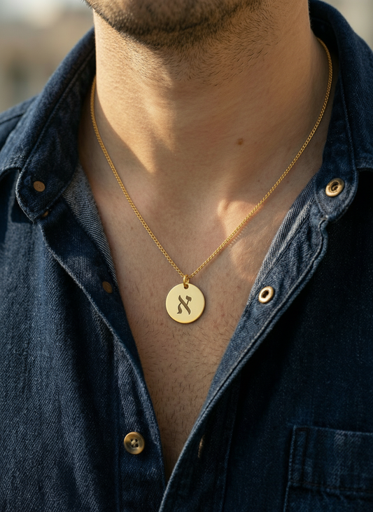 שרשרת עיגול עם חריטה של אות ראשונה של שם - זהב