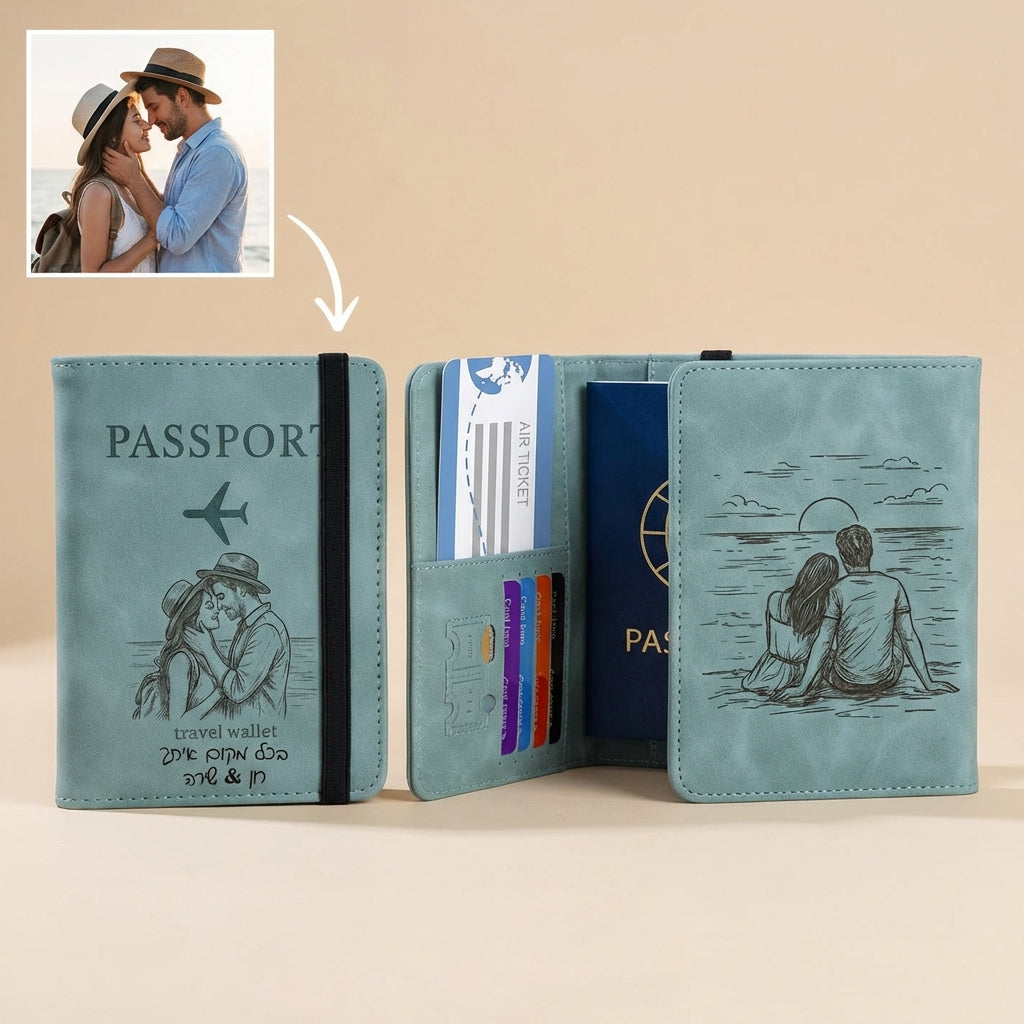 ארנק לדרכון, כיסוי דרכון, לנשים, לגברים עם הגנת rfid וחריטה בלייזר אישית עם תמונה, טקסט, תאריך