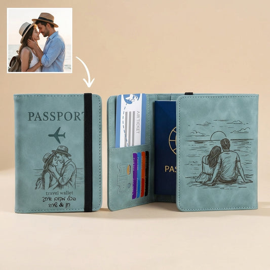 ארנק לדרכון, כיסוי דרכון, לנשים, לגברים עם הגנת וחריטה בלייזר אישית עם תמונה, טקסט, תאריך