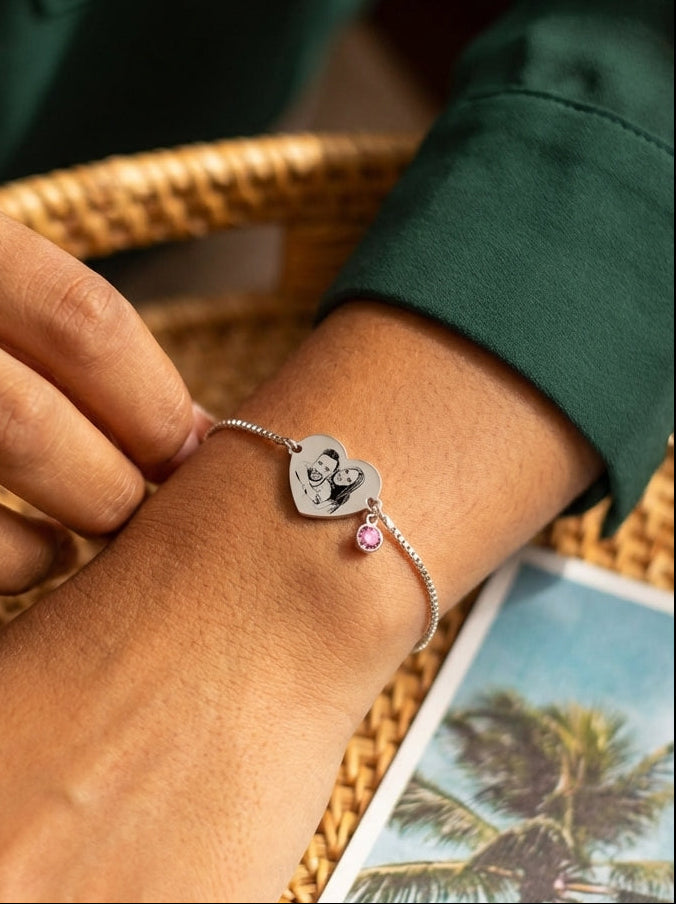 צמיד לב כסף, מתנה יוקרתית עם חריטת תמונה Dream Gifts