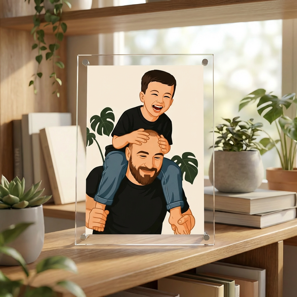 איור דיוקן אישי מתמונה עם כיתוב בבלוק אקרילי שקוף