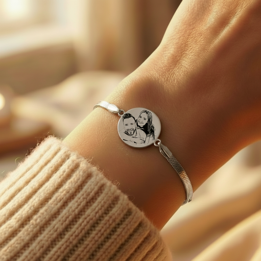 צמיד לאישה מלוטש אלגנטי עם תליון חריטה של תמונה ,משפט,אות,תאריך אישית - כסף