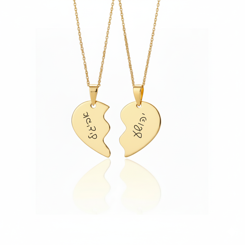 שרשרת זוג תליונים מחוברים זהב עם חריטה אישית – קשר שמחבר לבבות