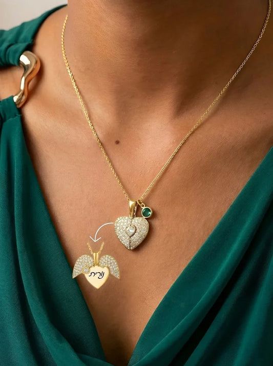 שרשרת עם חריטה אישית של כנף נסתרת על הלב - זהב