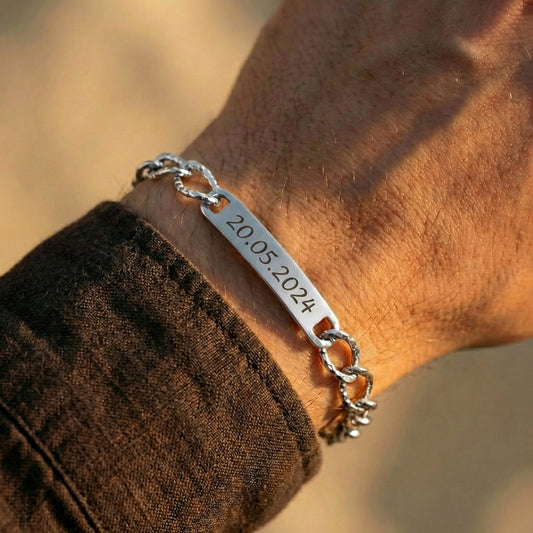 צמיד לגבר פלטה עם חריטה אישית של שם, תאריך ,משפט או הקדש - כסף