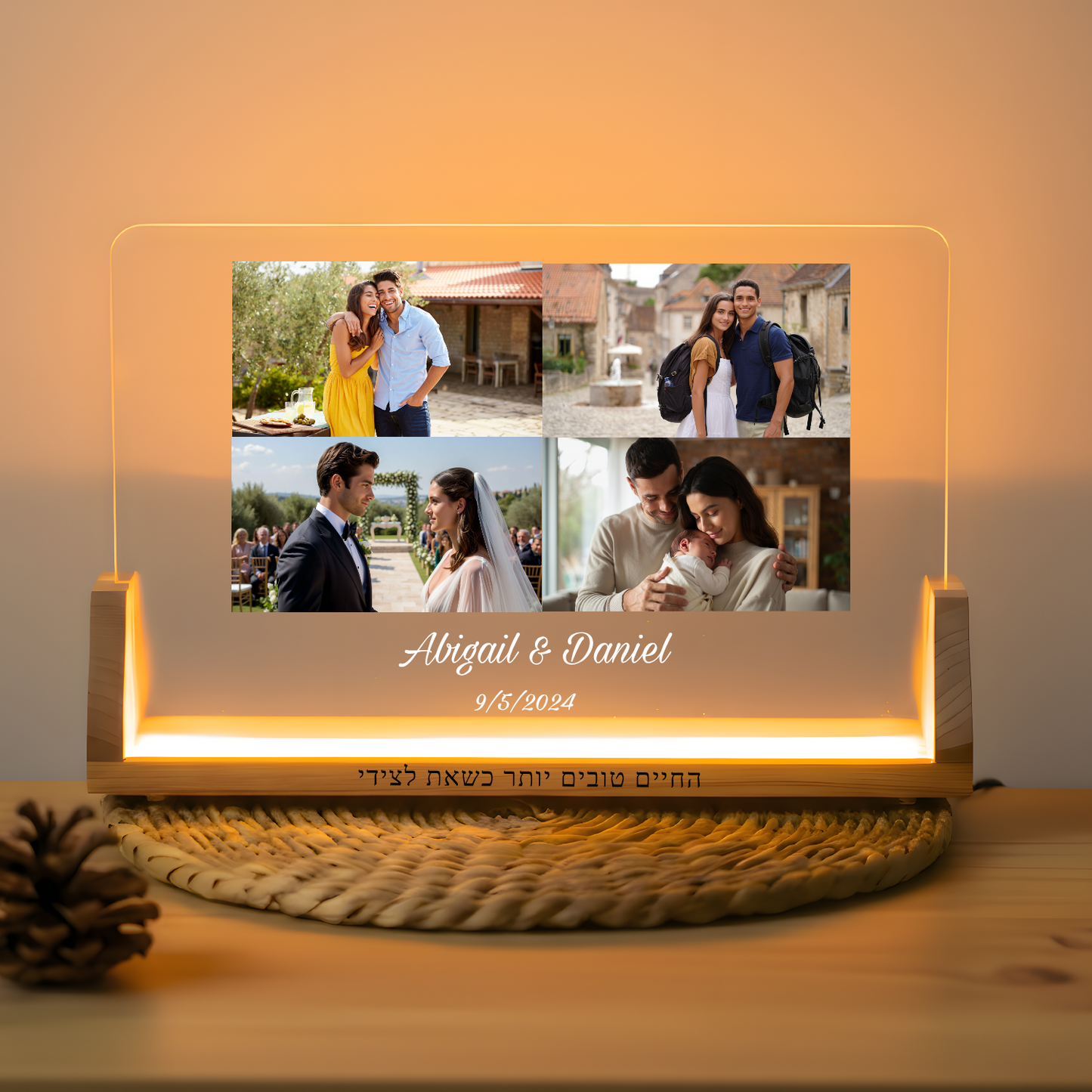 מנורת לילה עם 4 תמונות + שמות ותאריך לבחירתכם גדול