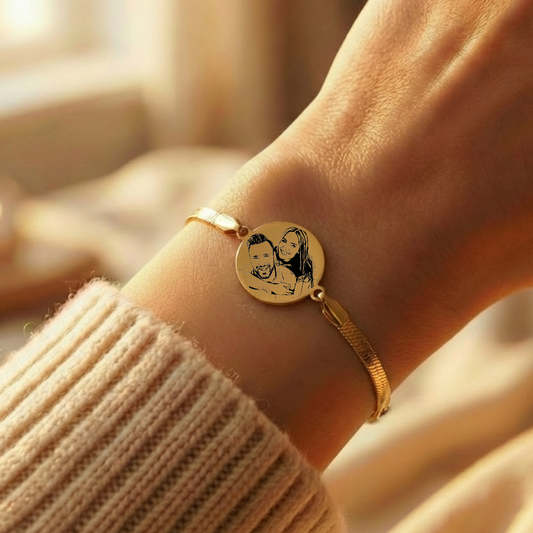 צמיד לאישה מלוטש אלגנטי עם תליון חריטה של תמונה ,משפט,אות,תאריך אישית - זהב