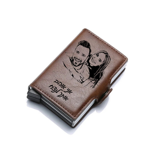 הגנת rfid ארנק אישי לגברים עם תמונה חרוטה ומשפט, מכיל עד 12 כרטיסים