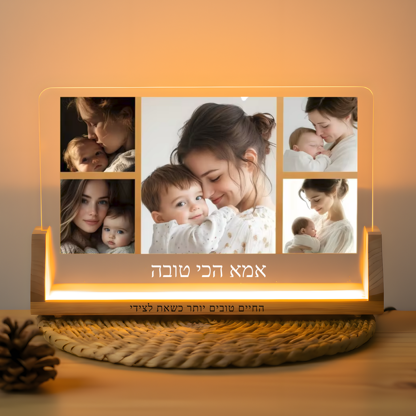 מנורת לילה עם 5 תמונות + משפט אישי מתחת גדול