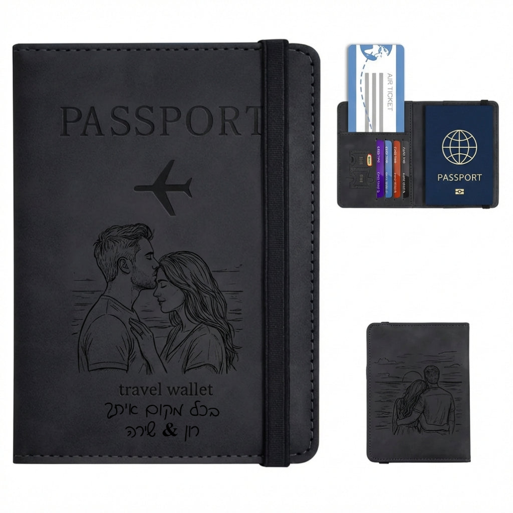 ארנק לדרכון, כיסוי דרכון, לנשים, לגברים עם הגנת rfid וחריטה בלייזר אישית עם תמונה, טקסט, תאריך