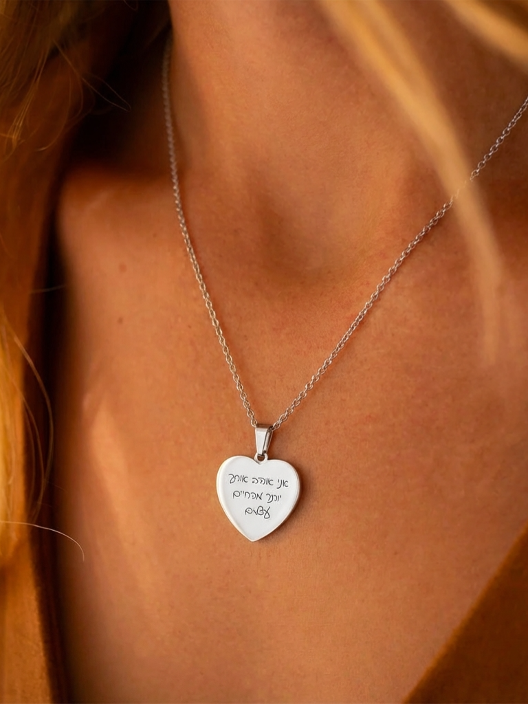 שרשרת לב כסף עם חריטה של משפט