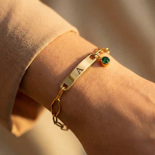 צמיד לאישה מלוטש אלגנטי עם תליון חריטה של ,משפט,אות,תאריך אישית - זהב