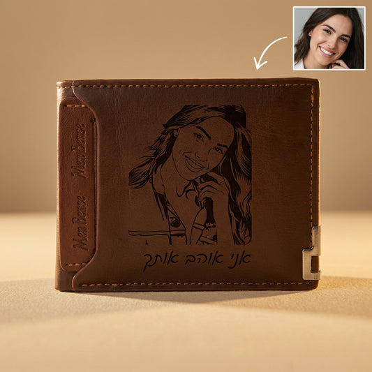 ארנק עור  לגברים בהתאמה אישית עם תמונה חרוטה ומשפט