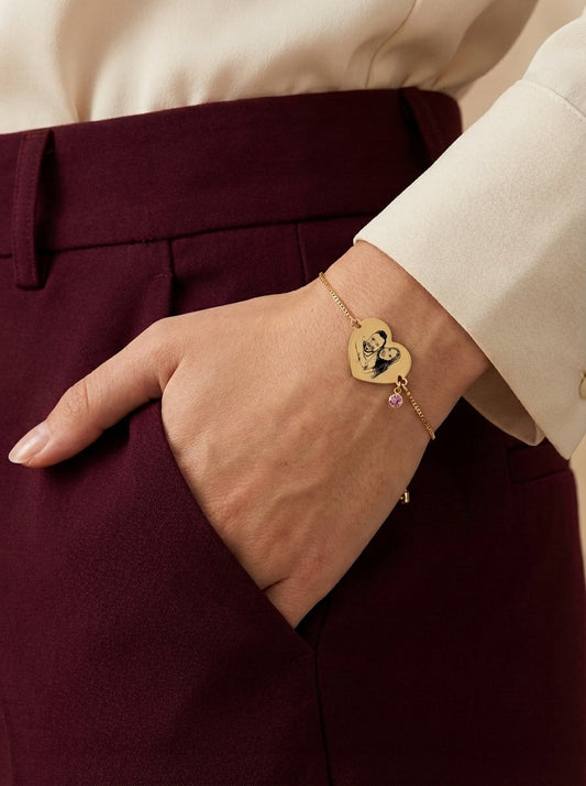 צמיד לב לאישה, מתנה יוקרתית עם חריטת תמונה אישית - זהב