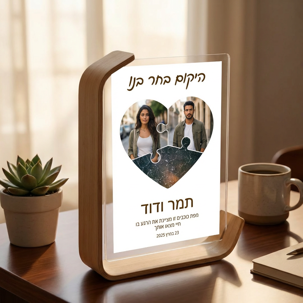 מפת כוכבים זוגית בשילוב תמונה בעיצוב פאזל במעמד עץ