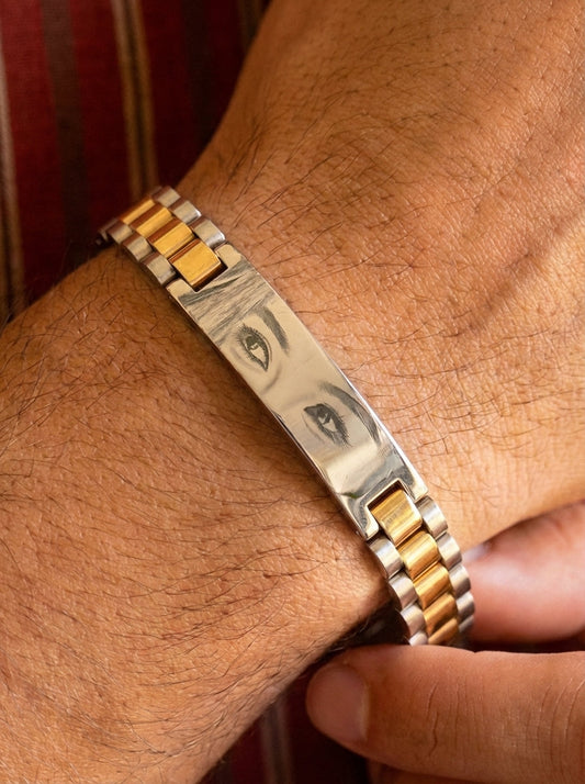 צמיד לגבר, מתנה יוקרתית עם תמונה של חריטה על העין - זהב וכסף