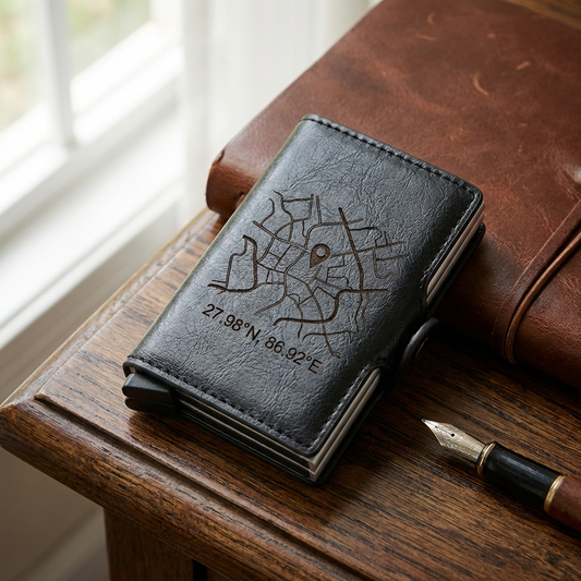 הגנת rfid ארנק אישי לגברים עם תמונה חרוטה ומשפט,מיקום, מכיל עד 12 כרטיסים