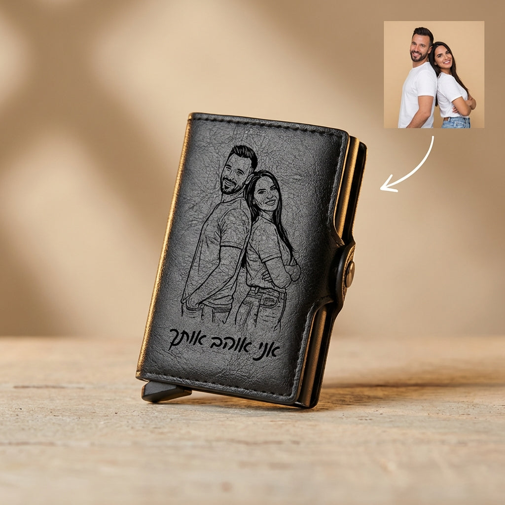 הגנת rfid ארנק אישי לגברים עם תמונה חרוטה ומשפט, מכיל עד 12 כרטיסים