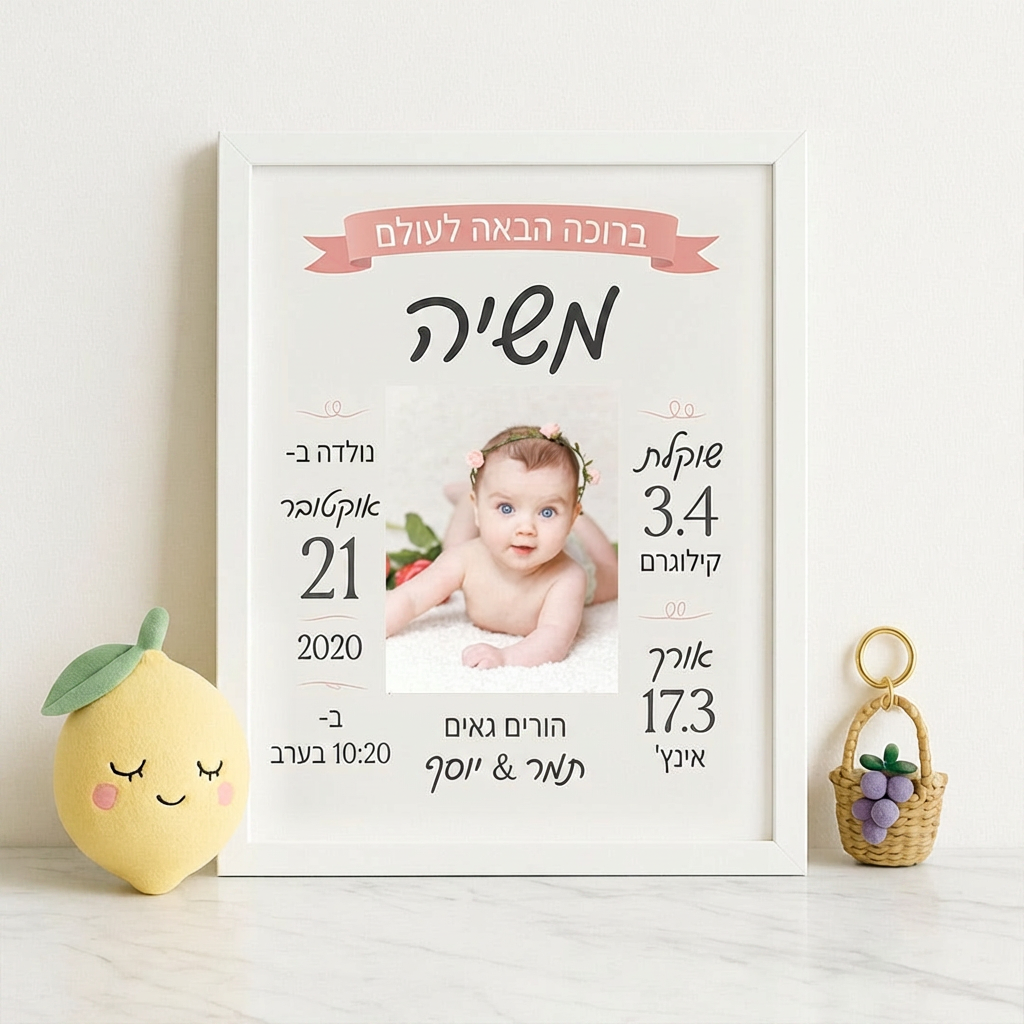 מסגרת תעודת לידה עם פרטי התינוק